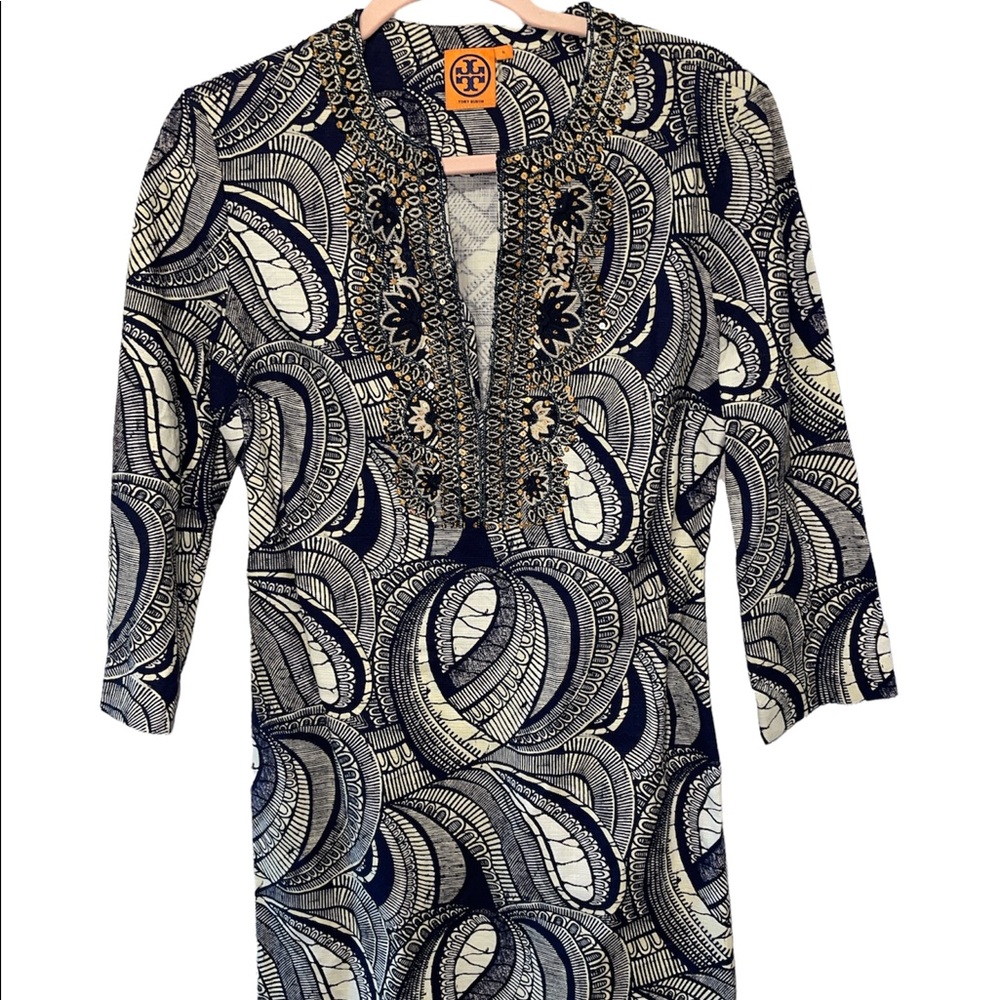 Tory Burch - Navy & Cream Print Tunic W/ Sequins
